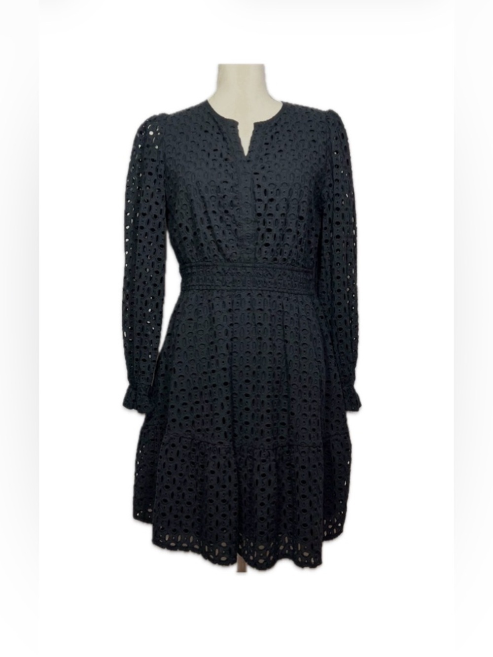 PrettyGarden Black Eyelet Dress Smocked Waist Boho Cottagecore M